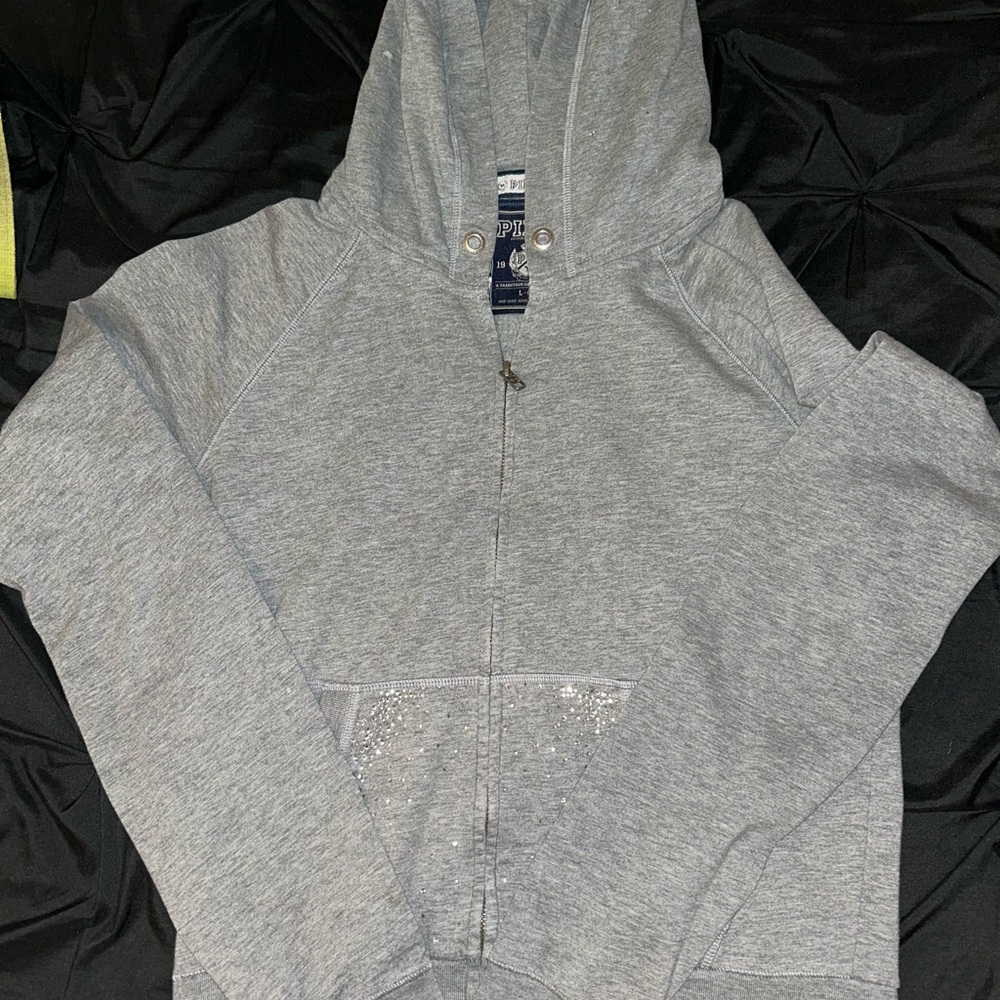 Gray Zip-Up Hoodie with Rhinestone Detail